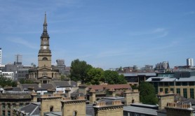 The skyline of Newcastle upon Tyne with the spire of the All Saints Church. Photo by Steve M, CC BY-SA 2.0