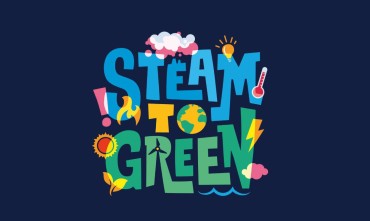 A graphic logo with the words ‘Steam to Green’ on a dark blue background